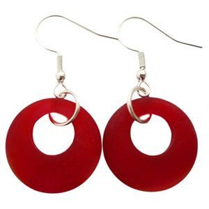 Circle Minimalist Ruby Red Sea Glass Earrings Women Jewelry Gift